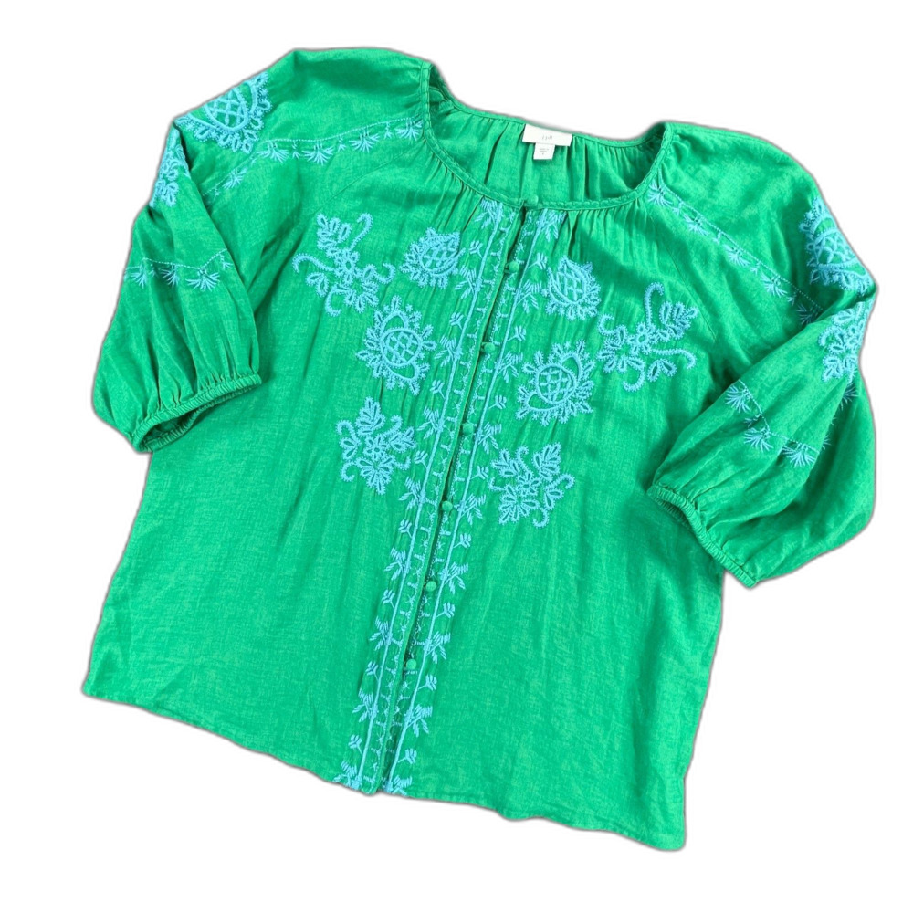 J.Jill Green Embroidered Linen Peasant Top Small Boho Coastal Cruise Vacation